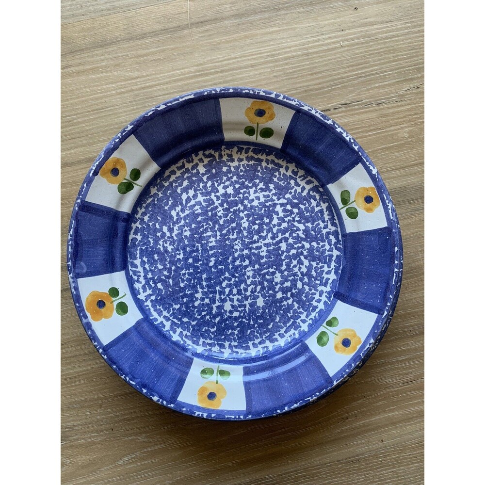 HIMARK Spongeware Salad Plates Blue White w/ Yellow Flowers Made in Portugal